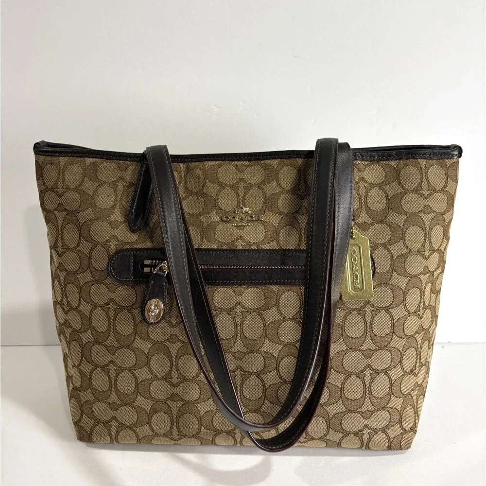 COACH Signature Taylor Tote Khaki Fabric Brown Leather Trim Shoulder Bag Purse